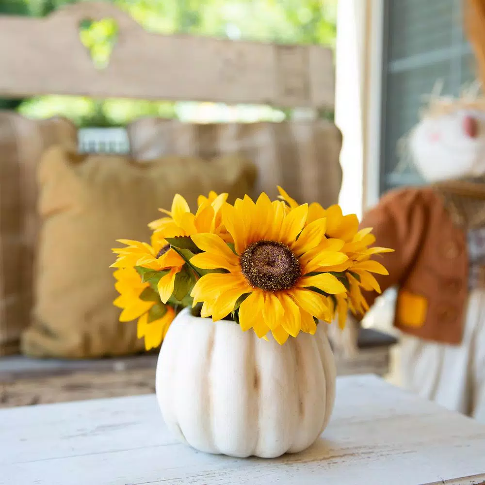 Flora Bunda 10 in. Artificial Yellow Sunflowers in 7 in. Plastic Foam Pumpkin Arrangement