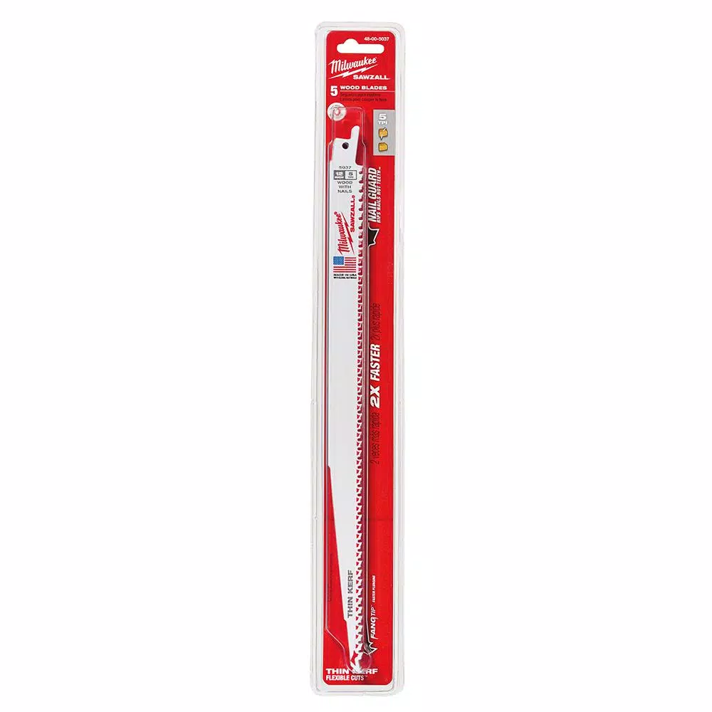Milwaukee 12 in. 5 TPI Wood Cutting Reciprocating Saw Blades, Bi-Metal (5 Pack)