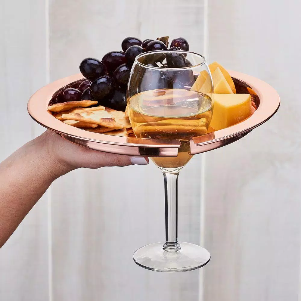 Old Dutch Hammered Copper Buffet Plates with Wine Glass Holder, Set of 4