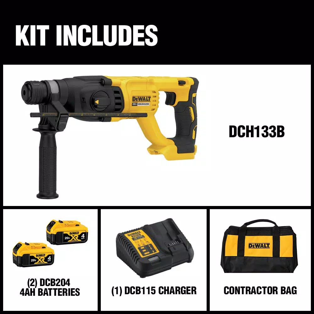 DEWALT 20V MAX XR Brushless 1 in. SDS Plus D-Handle Rotary Hammer Kit with (2) 4 Ah Batteries & Impact Driver