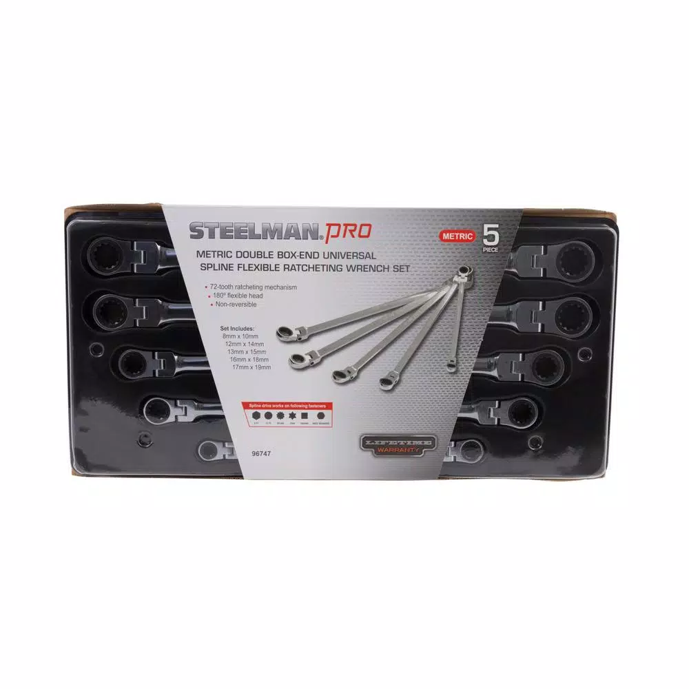 STEELMAN PRO 96747 Metric Flexible Double Box-End Universal Spline Ratcheting Wrench Set, 5-Piece