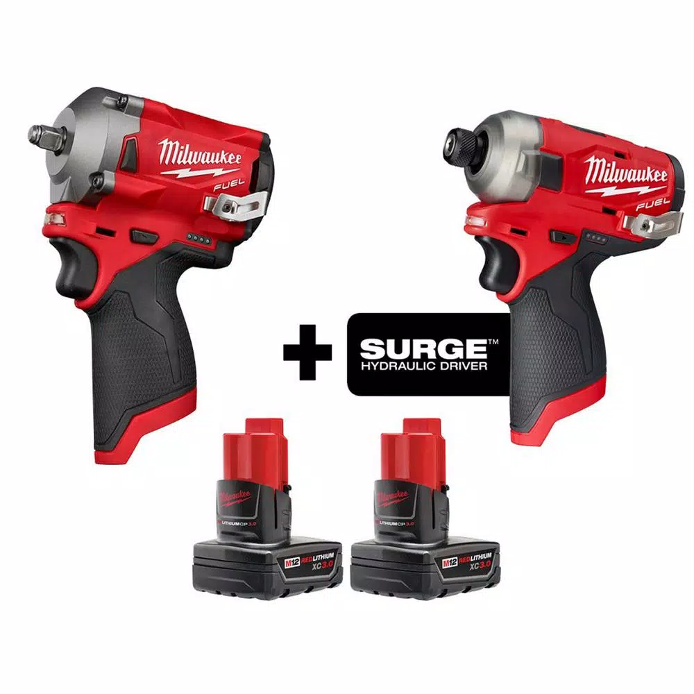 Milwaukee M12 FUEL 12V Brushless Stubby 3/8 in. Impact Wrench & 1/4 in. Hex Hydraulic Impact Driver Combo Kit