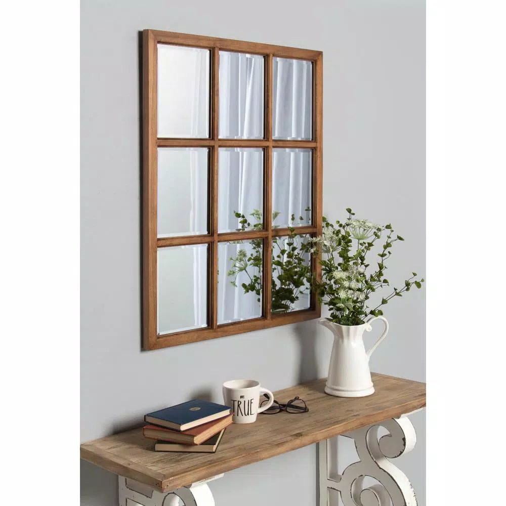 Kate and Laurel Hogan 9-Pane Windowpane Wall Mirror, Rustic Natural Wood Frame, 26 x 32 in.