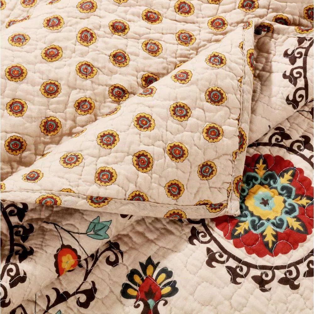 Greenland Home Fashions Andorra Multi Quilted Cotton Throw, Reversible Southwestern Floral Pattern