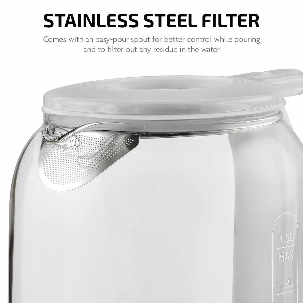 Ovente 1.5L White Glass Electric Kettle with ProntoFill Technology, 1500W