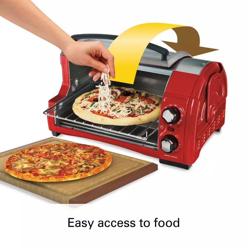 Hamilton Beach Easy Reach 1200W 4-Slice Toaster Oven with Roll-Top Door, Red