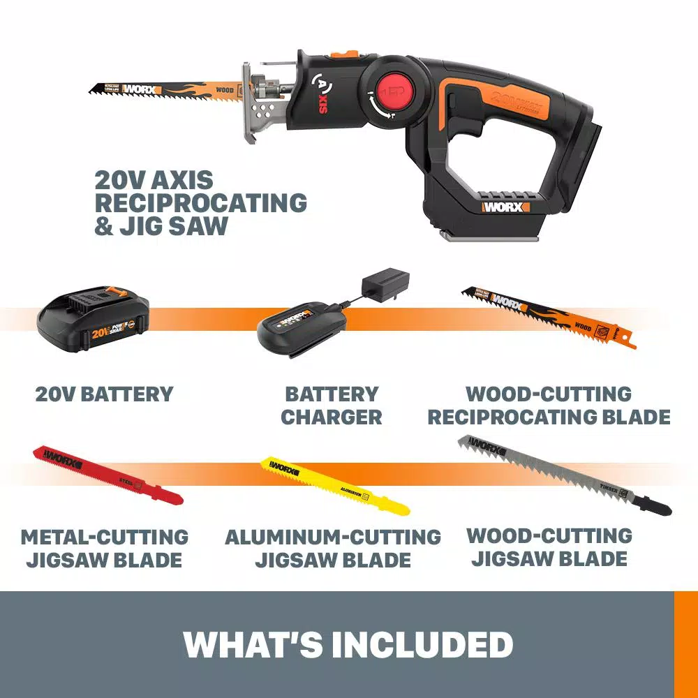 Worx WX550L 20V Power Share AXIS 2-in-1 Convertible Jigsaw and Reciprocating Saw Kit