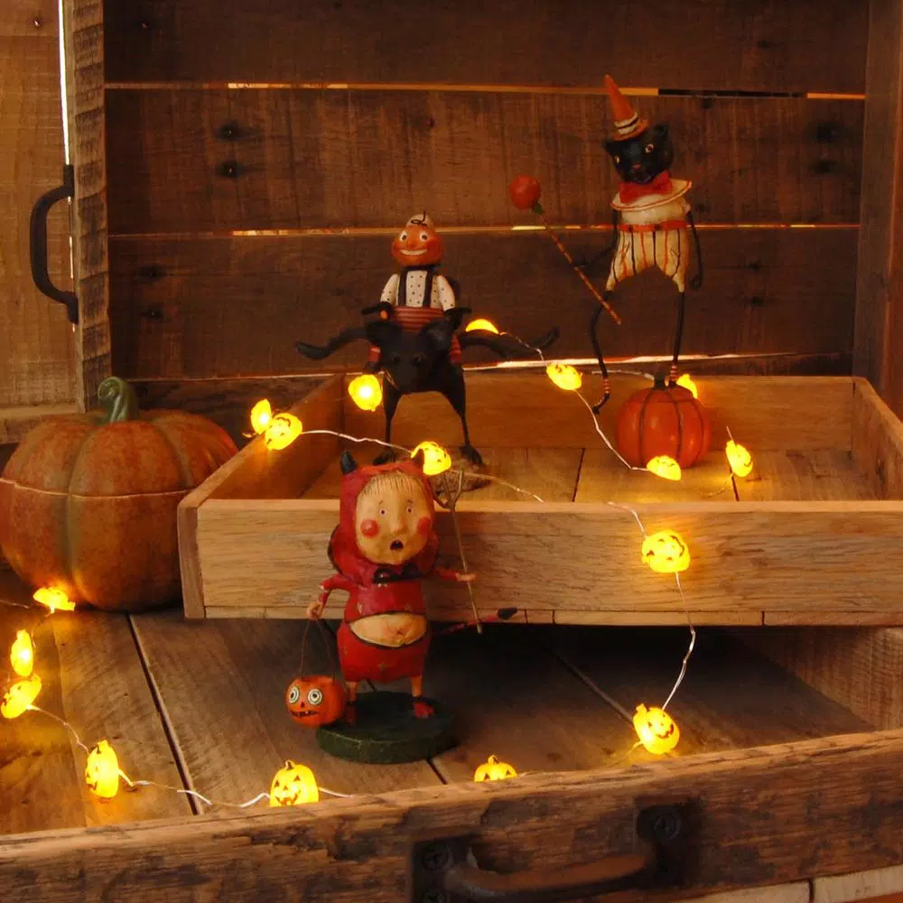 LUMABASE Jack O' Lantern LED Mini String Lights with Timer, Waterproof Battery Operated Pumpkin Lights, Set of 2