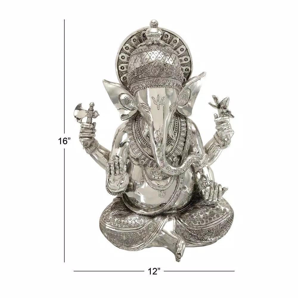 LITTON LANE 16 in. Antique Silver Sitting Ganesh Sculpture with Patterned Detailing