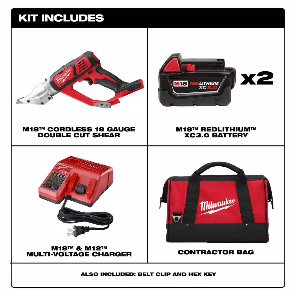 Milwaukee M18 18-Gauge Double Cut Metal Shear Kit with (2) 3.0 Ah Batteries, Charger, and Tool Bag