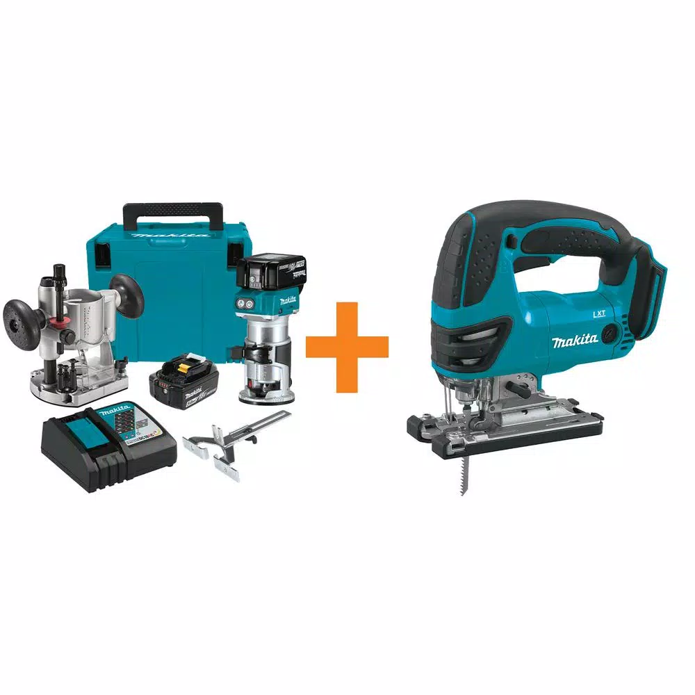 Makita 18V LXT Brushless Cordless Compact Router Kit with 5.0 Ah Batteries & Bonus Jig Saw