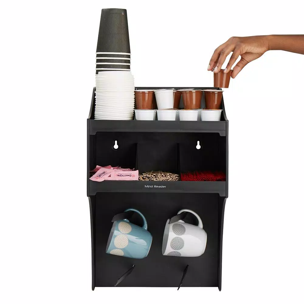 Mind Reader Wall Mount Coffee Station Organizer with 4 Mug Hooks and Heat-Resistant Pod Storage