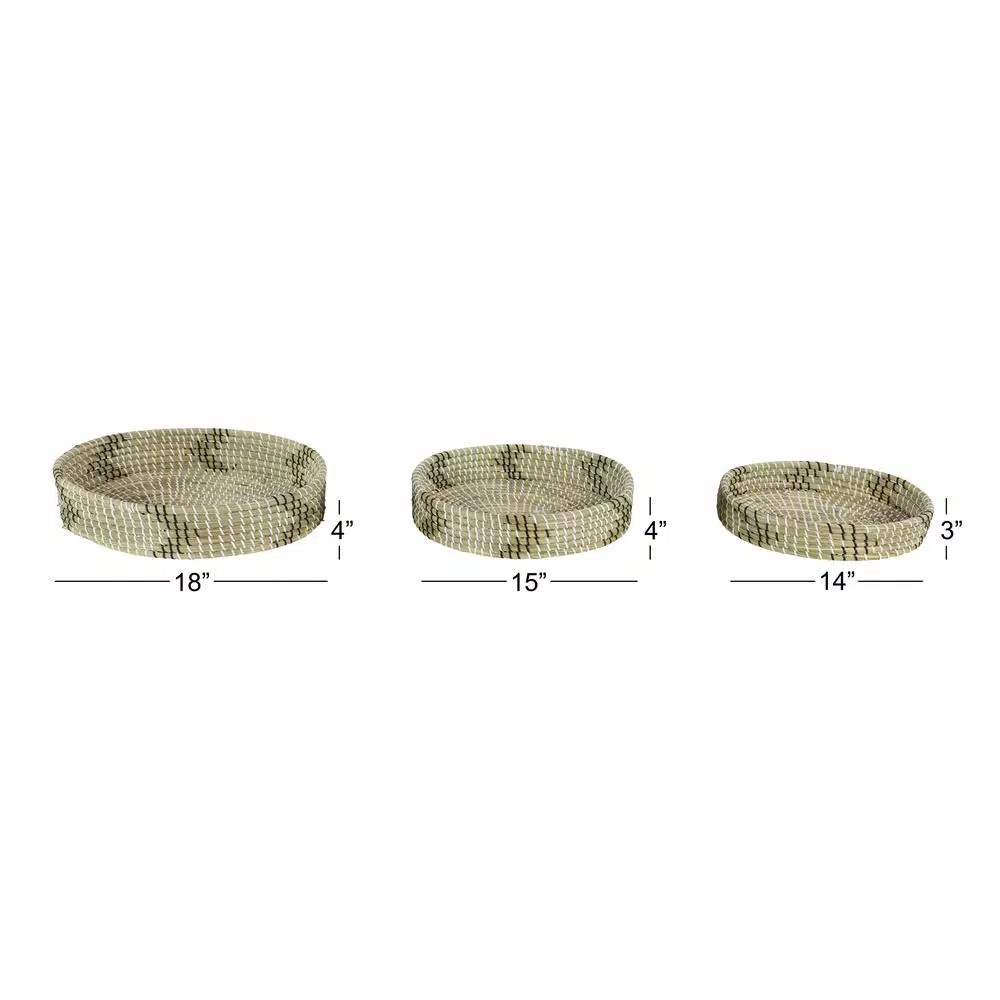 LITTON LANE White Seagrass and Polyethylene Wicker Decorative Trays with Black Accents, Set of 3