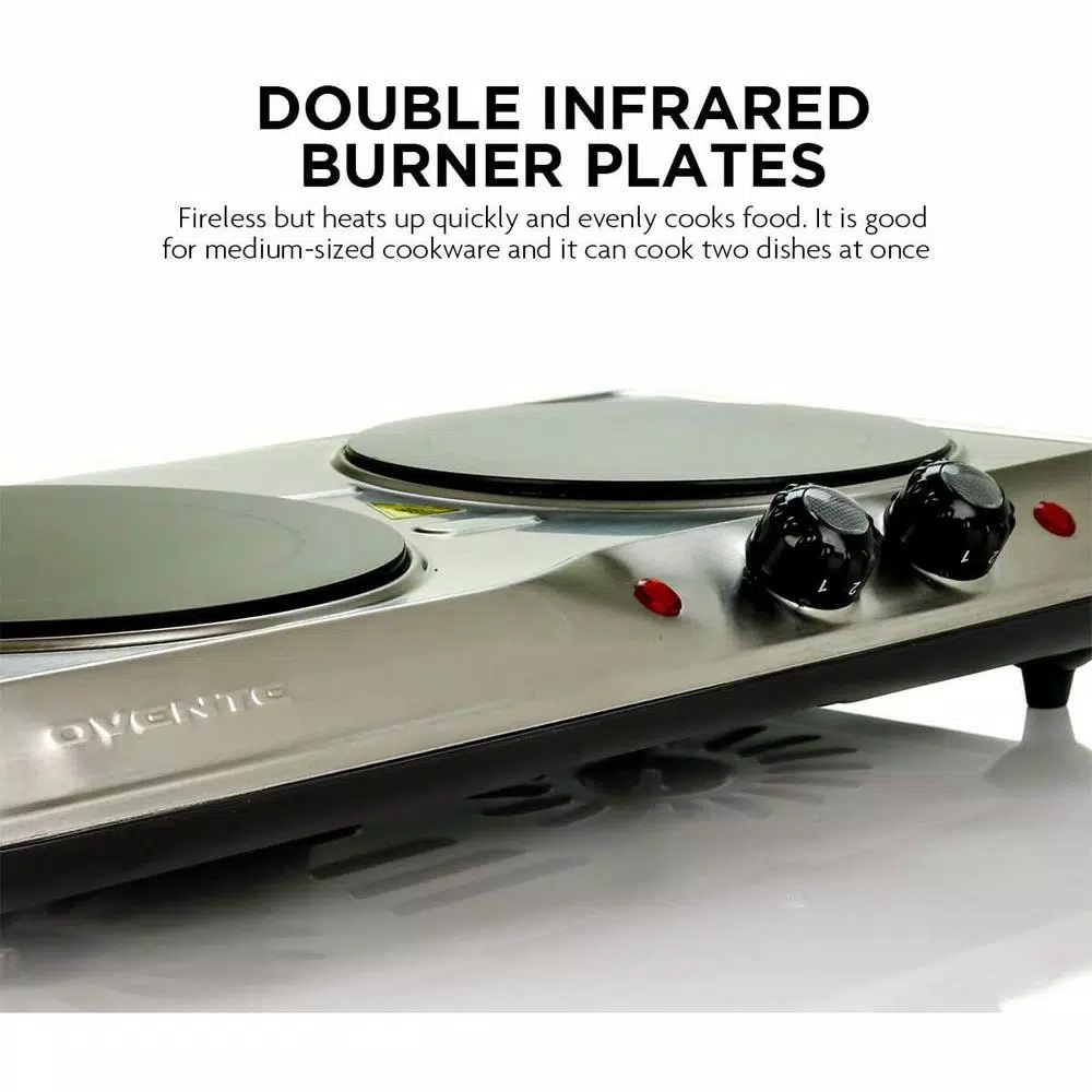 Ovente 1700W Double Electric Hot Plate, Infrared Glass Cooktop with 2 Burners, Silver