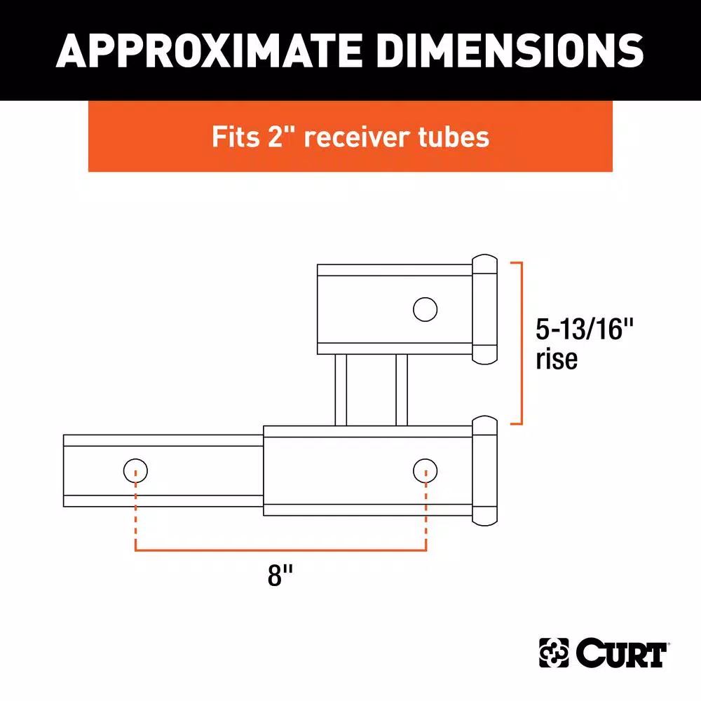 CURT 8-Inch Dual Receiver Extender, 2-Inch Shank, 3,500 lbs. Capacity, 5-13/16" Rise