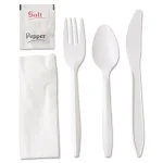 GEN White Plastic Wrapped Cutlery Kit with Napkin, Salt & Pepper - 250 Count thumbnail 1