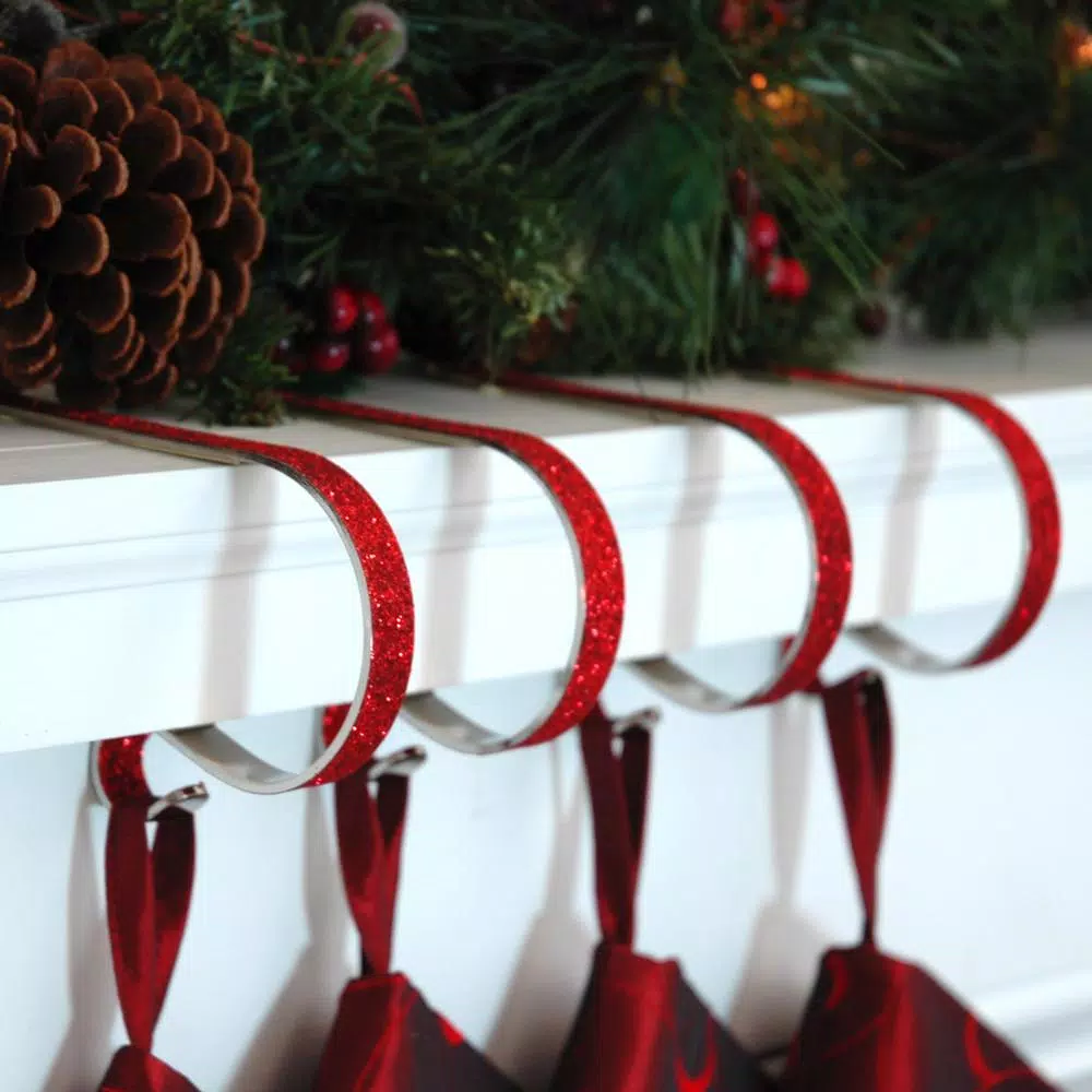 Original MantleClip Red Glitter Steel MantleClip Stocking Holder, 2.5 in. (4-Pack)