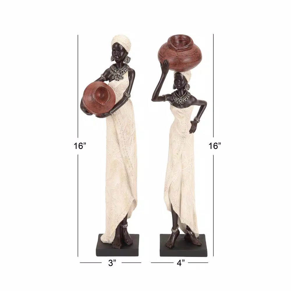 LITTON LANE Traditional African Lady Sculptures with Urns - Ivory Polystone Statues (2-Pack)