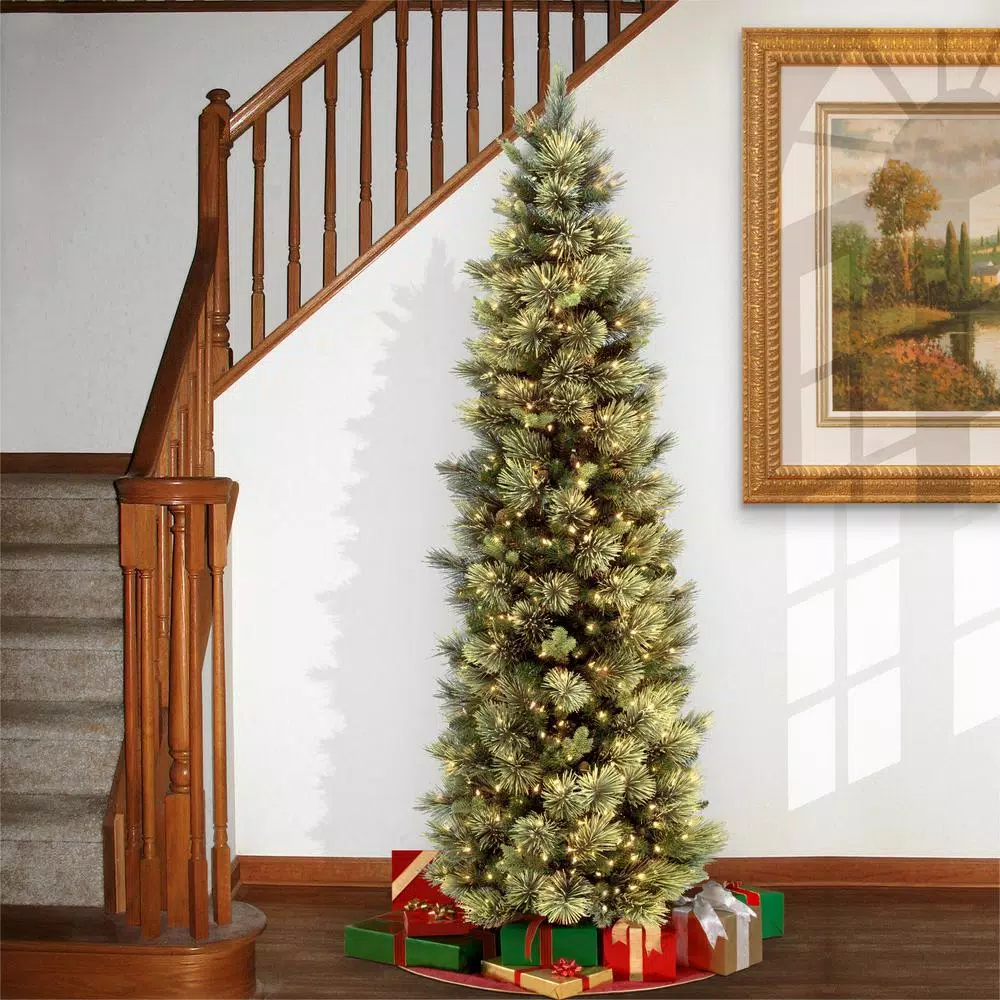 National Tree Company 7 ft. Carolina Pine Slim Artificial Christmas Tree with Flocked Pinecones and 550 Clear Lights