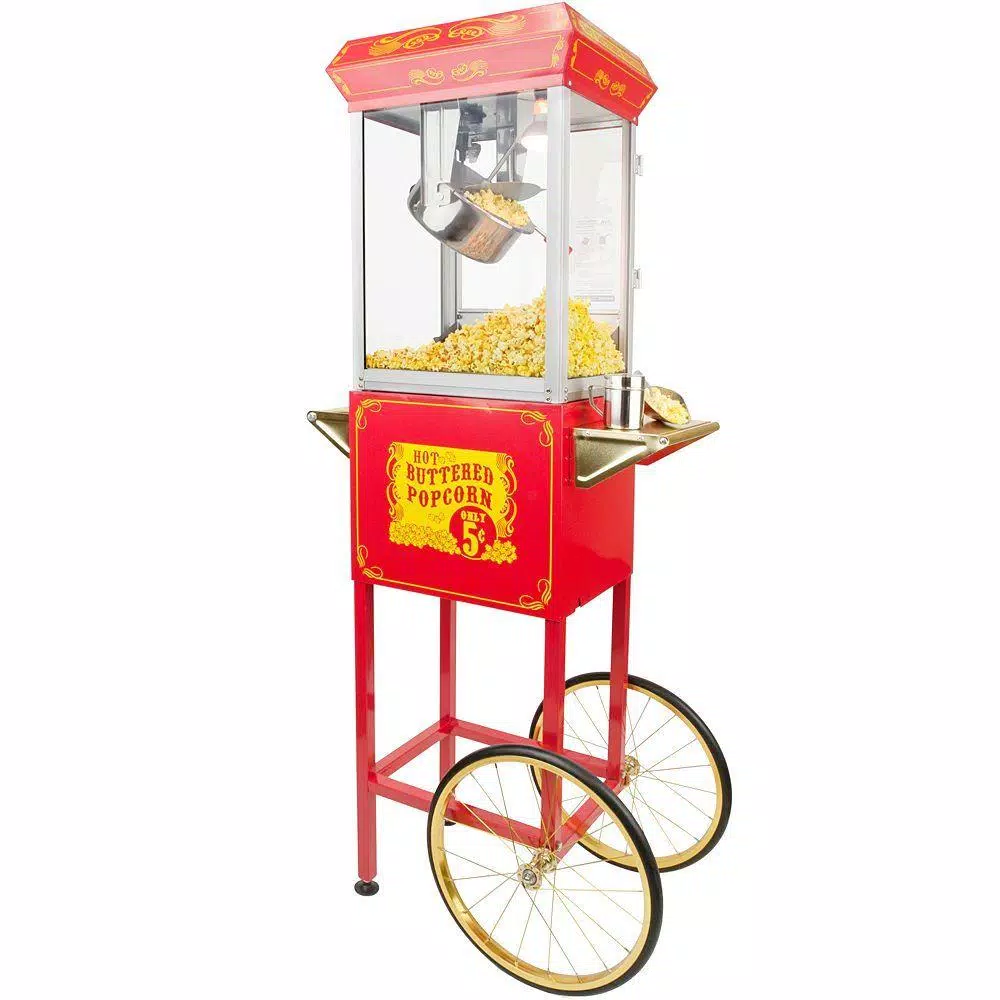 Funtime Sideshow Popper 8 oz. Popcorn Machine & Cart, Traditional Red/Gold Theater Style