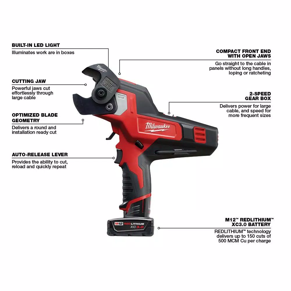 Milwaukee M12 12V Lithium-Ion Cordless 600 MCM Cable Cutter Kit with 3.0Ah Battery and Charger