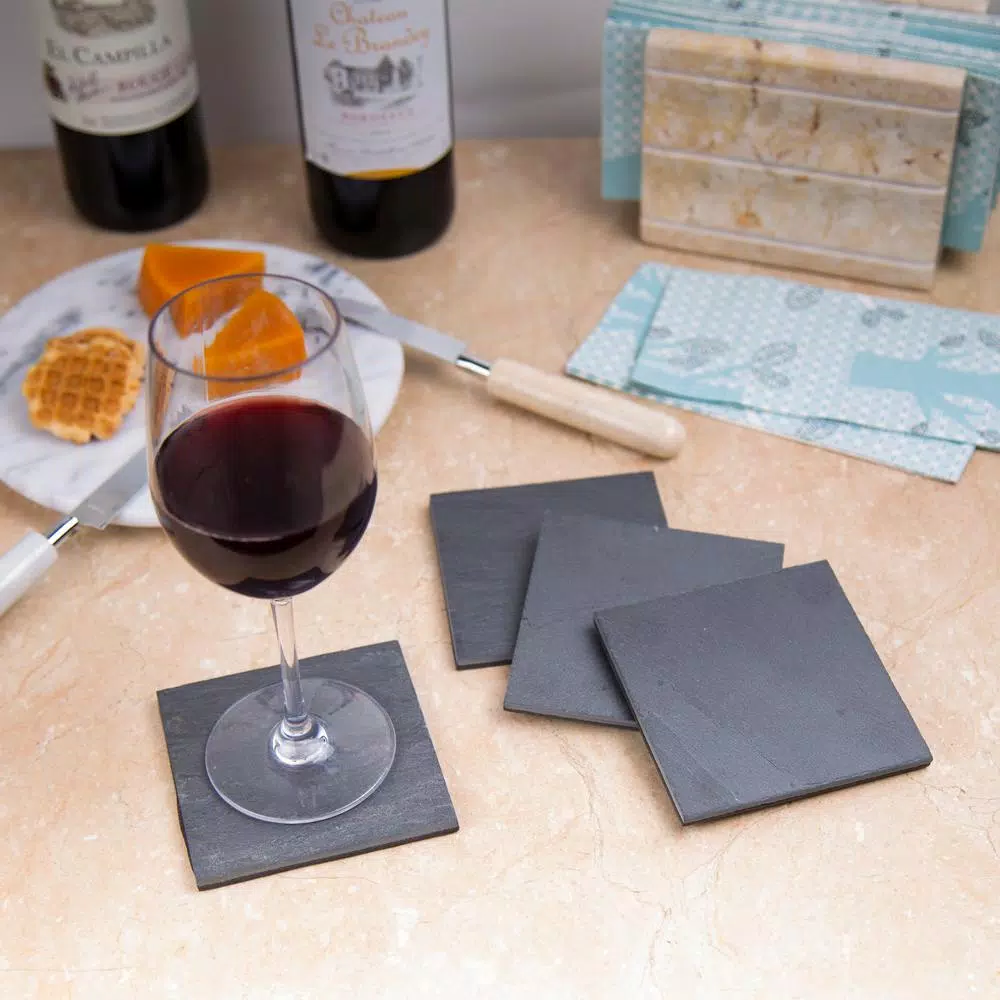Creative Home Natural Dark Gray Slate Coaster Set of 4 - 4 in. x 4 in. Rustic Stone Coasters