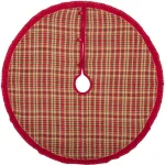 VHC Brands Claren 48 in. Cherry Red Rustic Plaid Christmas Tree Skirt with Gold Metallic Thread thumbnail 1
