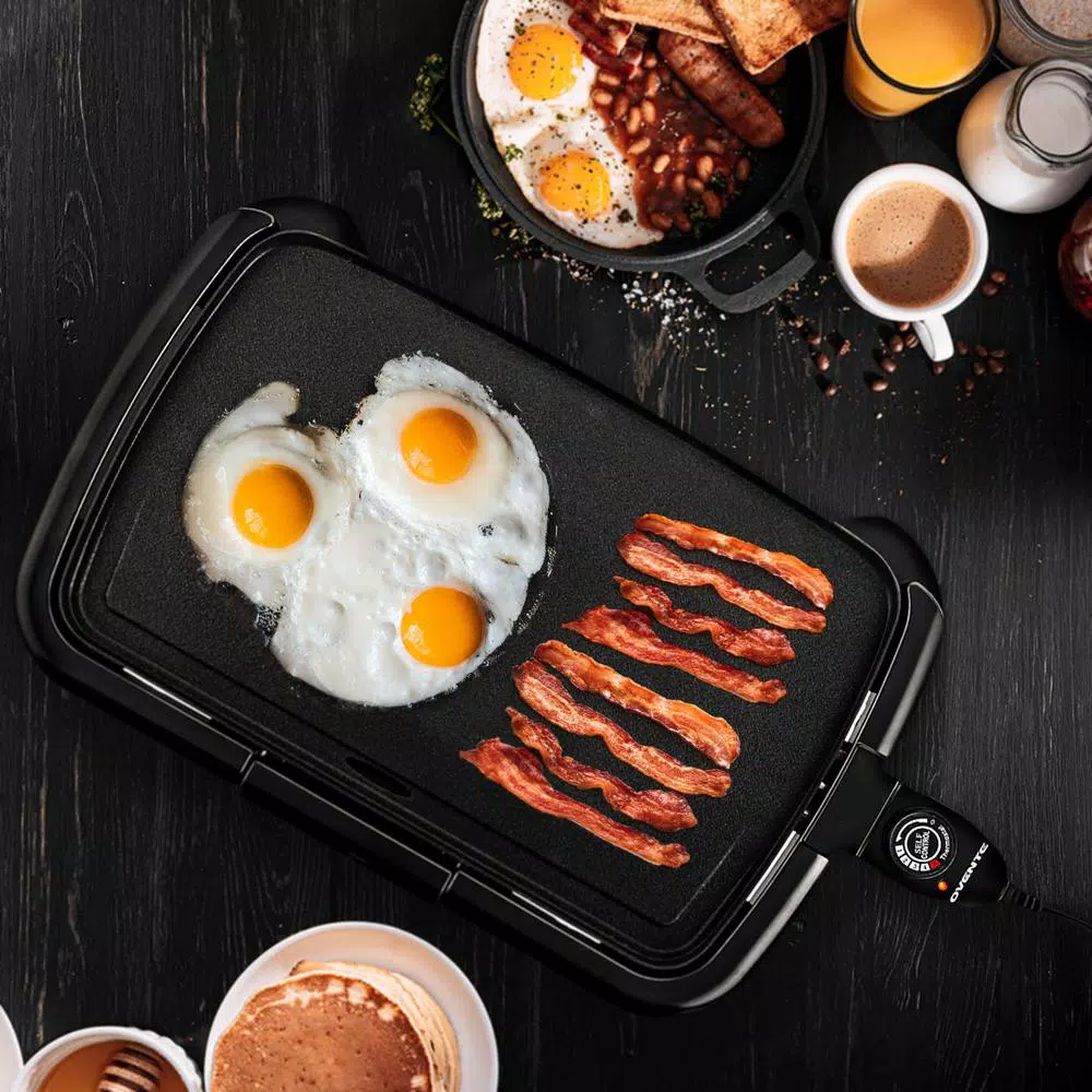 OVENTE 1200W Electric Griddle with Non-Stick Plate, Temperature Control and Drip Tray, 16x10 inch