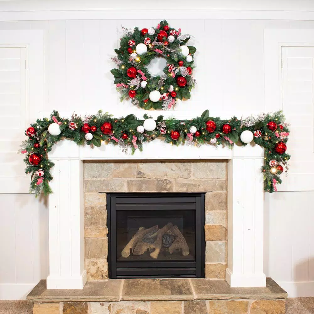 Village Lighting Company 30 in. Pre-Lit LED Nordic Red and White Christmas Wreath with Remote