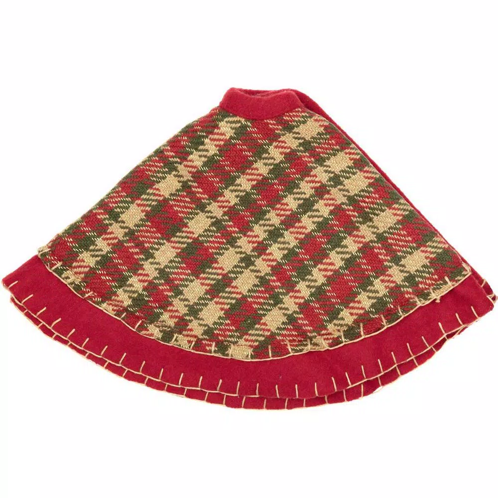 VHC Brands Claren 21 in. Cotton Cherry Red Plaid Christmas Tree Skirt with Gold Metallic Thread