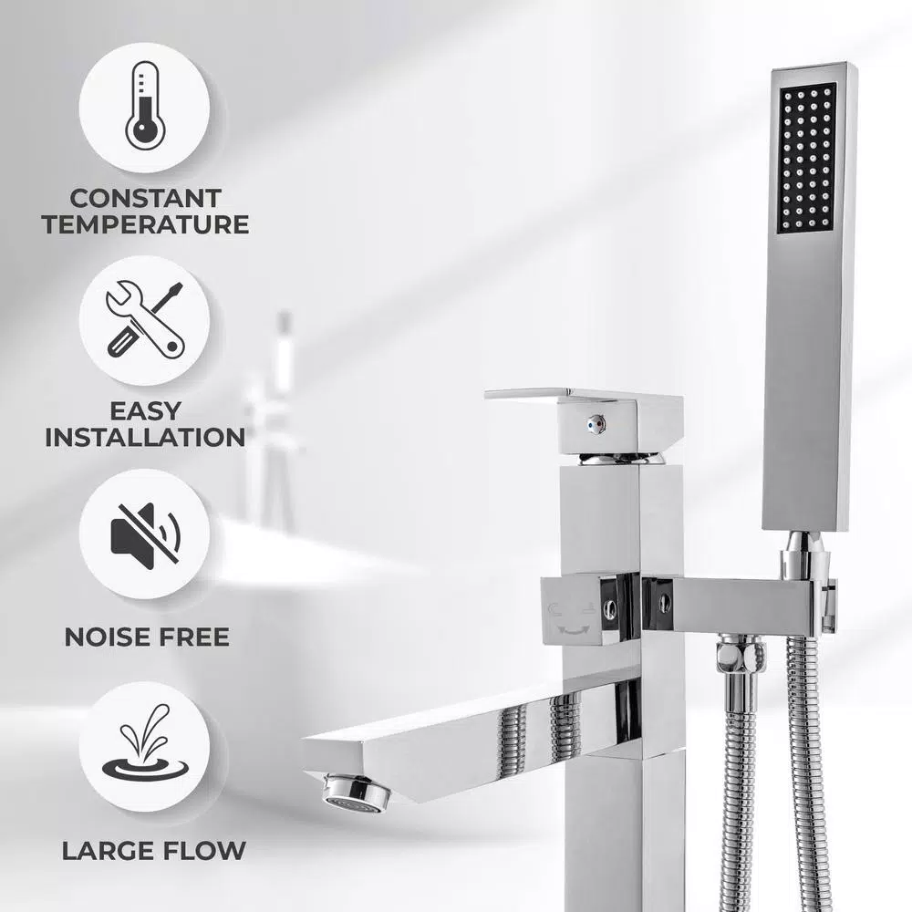 AKDY Freestanding Floor Mount Roman Tub Faucet with Hand Shower, Chrome