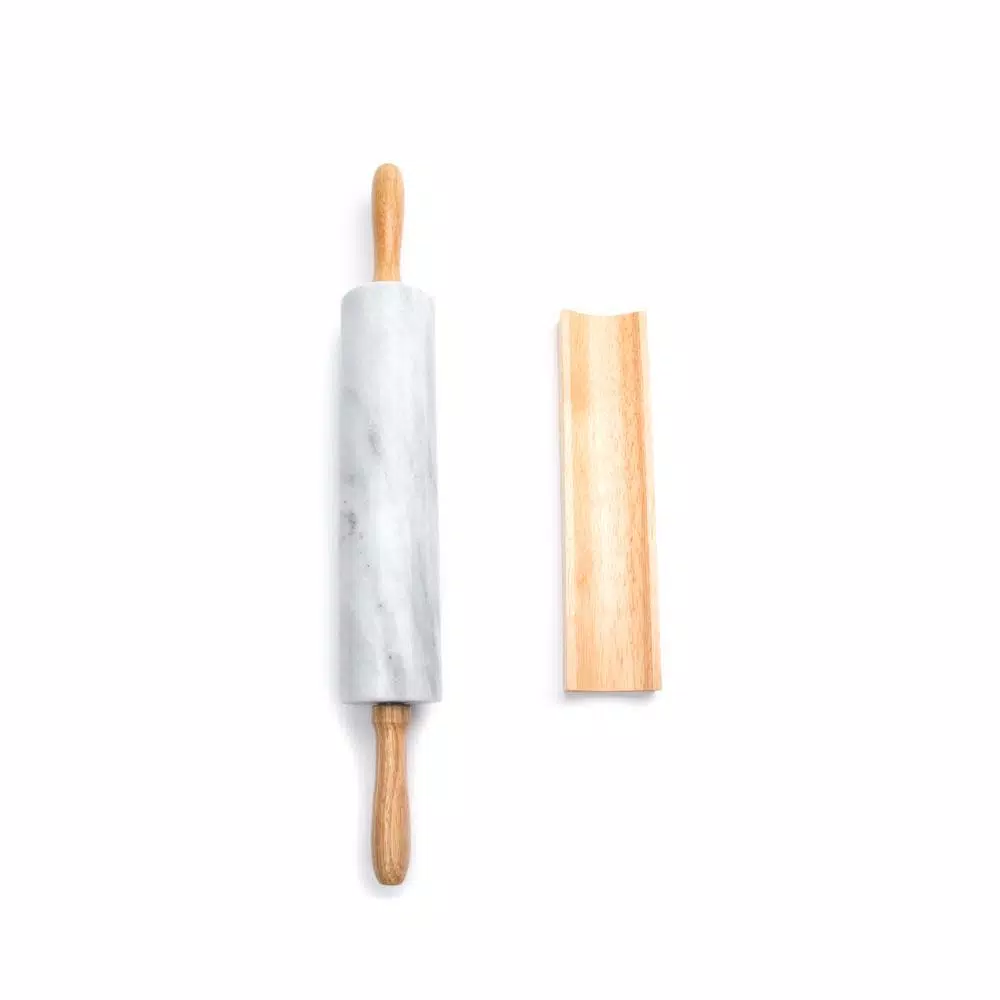 Fox Run White Marble Rolling Pin with Wooden Handles and Base
