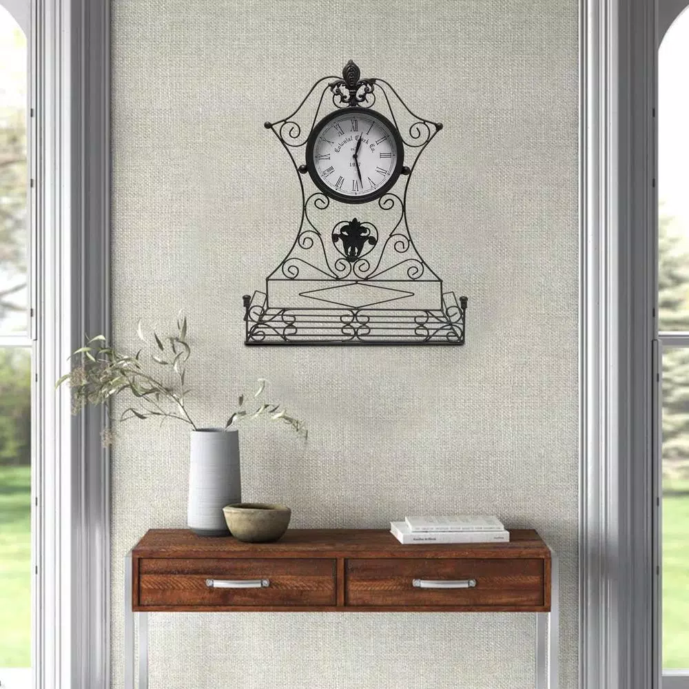 Benjara Epoch Black Metal Outdoor Clock with Scrollwork and Storage Base