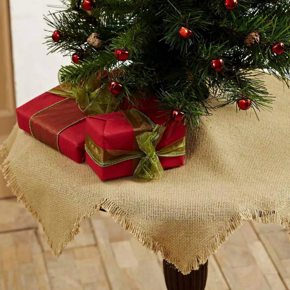 VHC Brands 21 in. Burlap Natural Tan Farmhouse Christmas Mini Tree Skirt with 8-Point Star Design