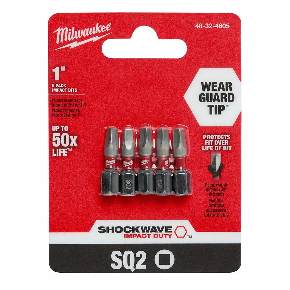 Milwaukee SHOCKWAVE 1 in. #2 Square Impact Rated Driver Bits, 5-Pack