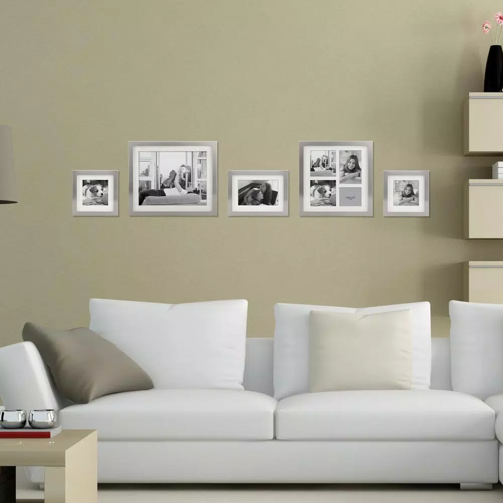Stonebriar Collection Silver Metal Shadow Box Picture Frame Set, 5-Piece Gallery Wall Decor with White Mats