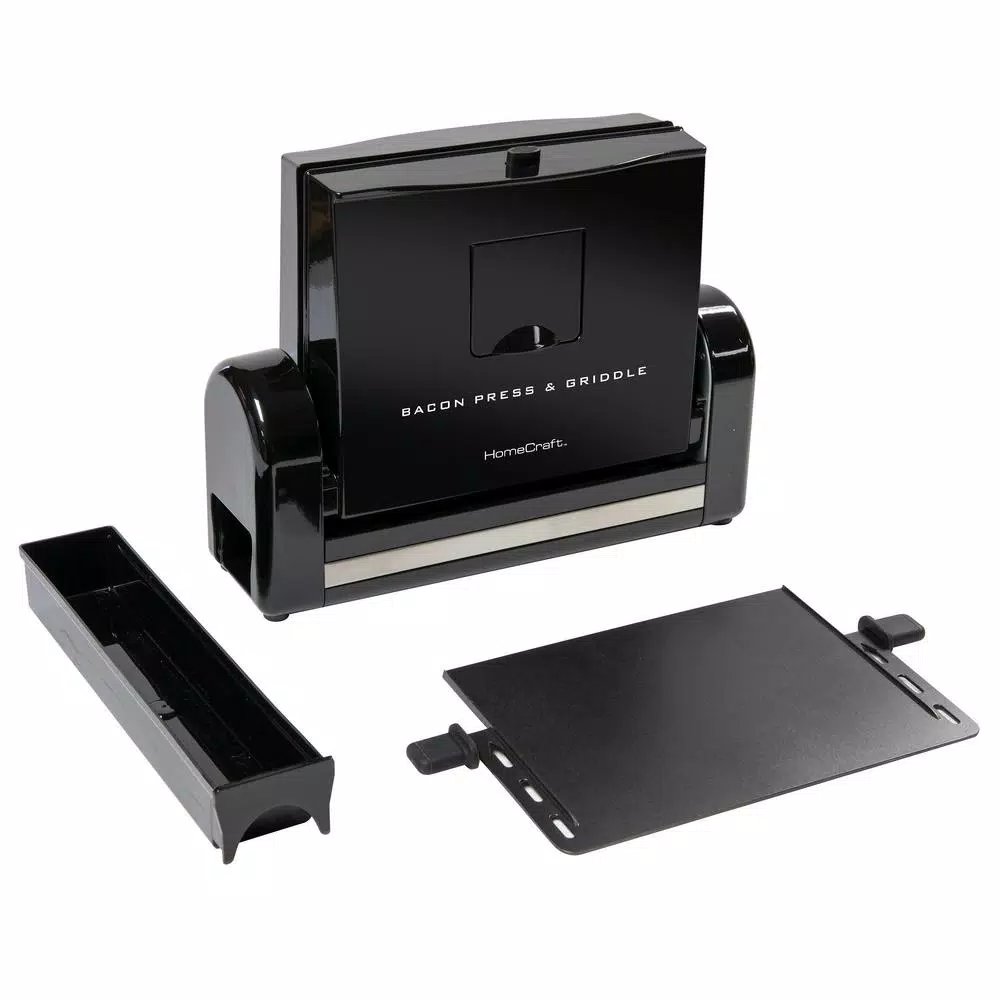 HomeCraft Black Bacon Press and Griddle, 900W Countertop Specialty Grill with Vertical Cooking and Drip Tray