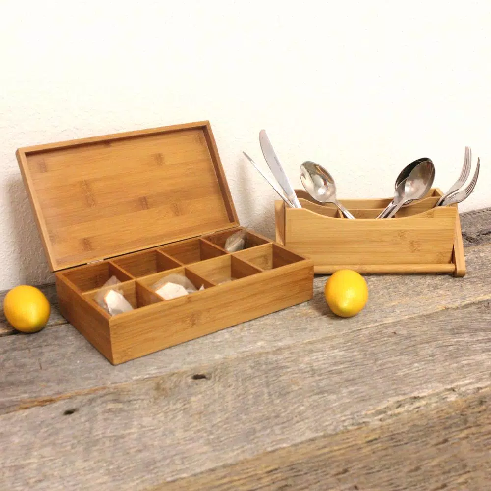 BergHOFF Bamboo Tea Box and Flatware Caddy Set - 2 Piece Organizer