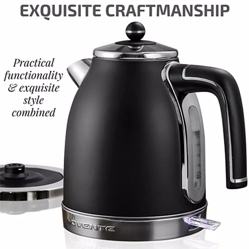 Ovente KS777 1.7L Black Stainless Steel Electric Kettle, 1500W Fast Boil with Auto Shut-Off