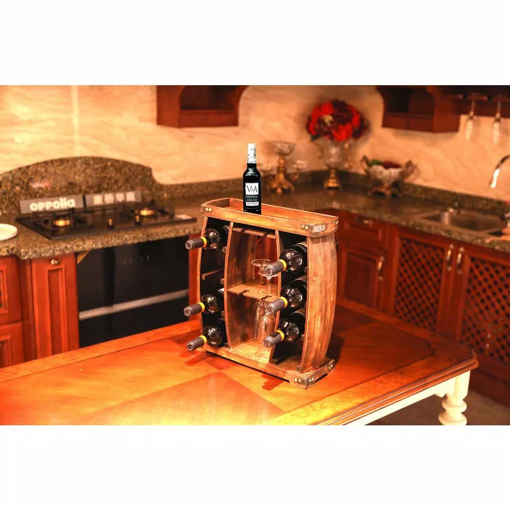 Vintiquewise Rustic Brown Wooden 8-Bottle Wine Rack with Decorative Wine Glass Holder