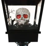 Haunted Hill Farm 71 in. Black Animated Skull Lamp Post with Spooky Music thumbnail 5