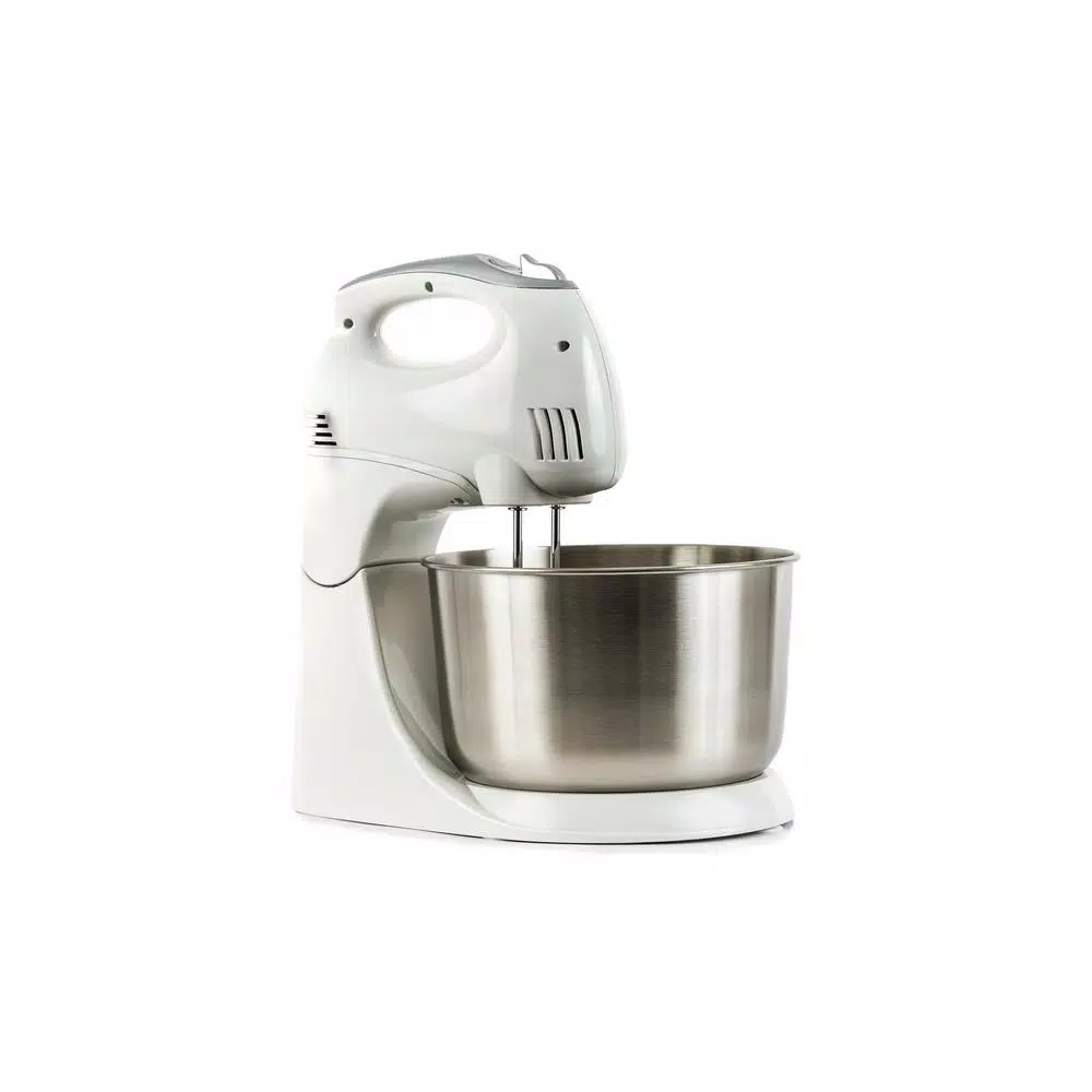 PREMIUM 5-Speed Hand Mixer with Stand and 4.5 Qt. Stainless Steel Bowl, White