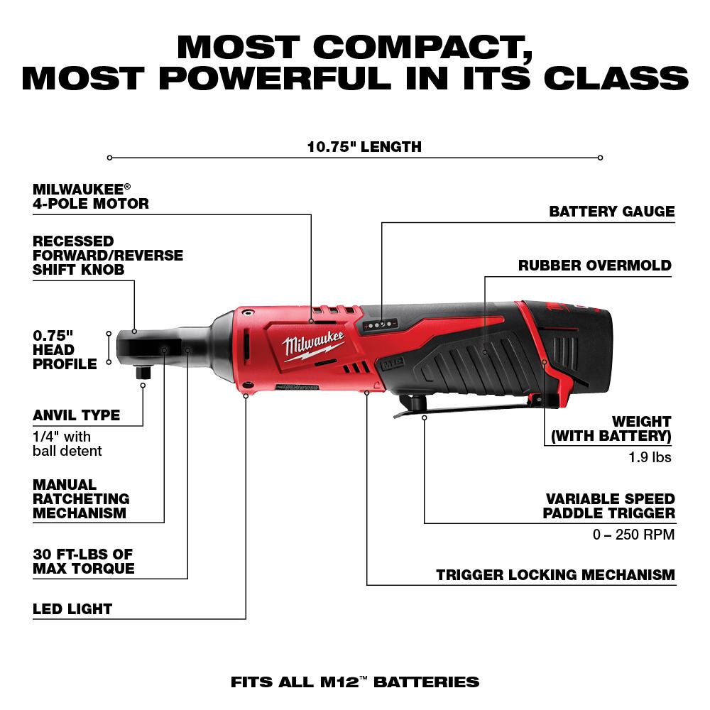 Milwaukee M12 12V Lithium-Ion Cordless 1/4 in. Ratchet Kit with 1.5 Ah Battery, Charger and Tool Bag