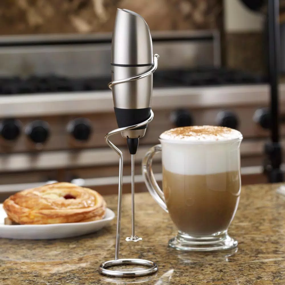 BonJour Black Stainless Steel Battery-Powered Milk Frother with Chrome Stand