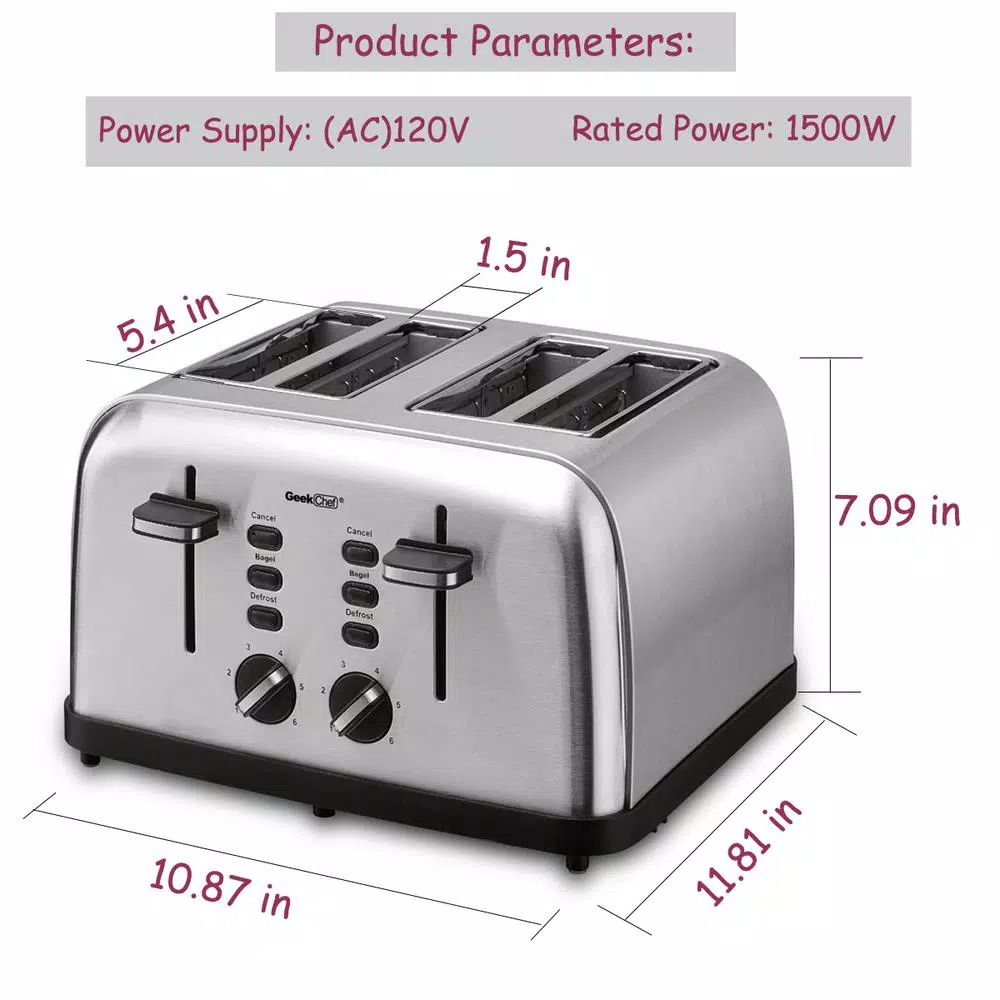 Boyel Living 1500W 4-Slice Wide Slot Toaster with Dual Independent Control Panels, Silver