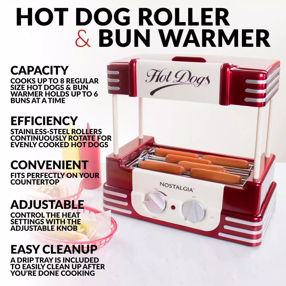 Nostalgia Retro Red Electric Hot Dog Roller and Bun Warmer - Specialty Grill