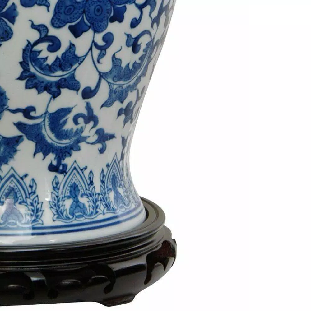 Oriental Furniture 18 in. Blue and White Porcelain Decorative Temple Jar Vase