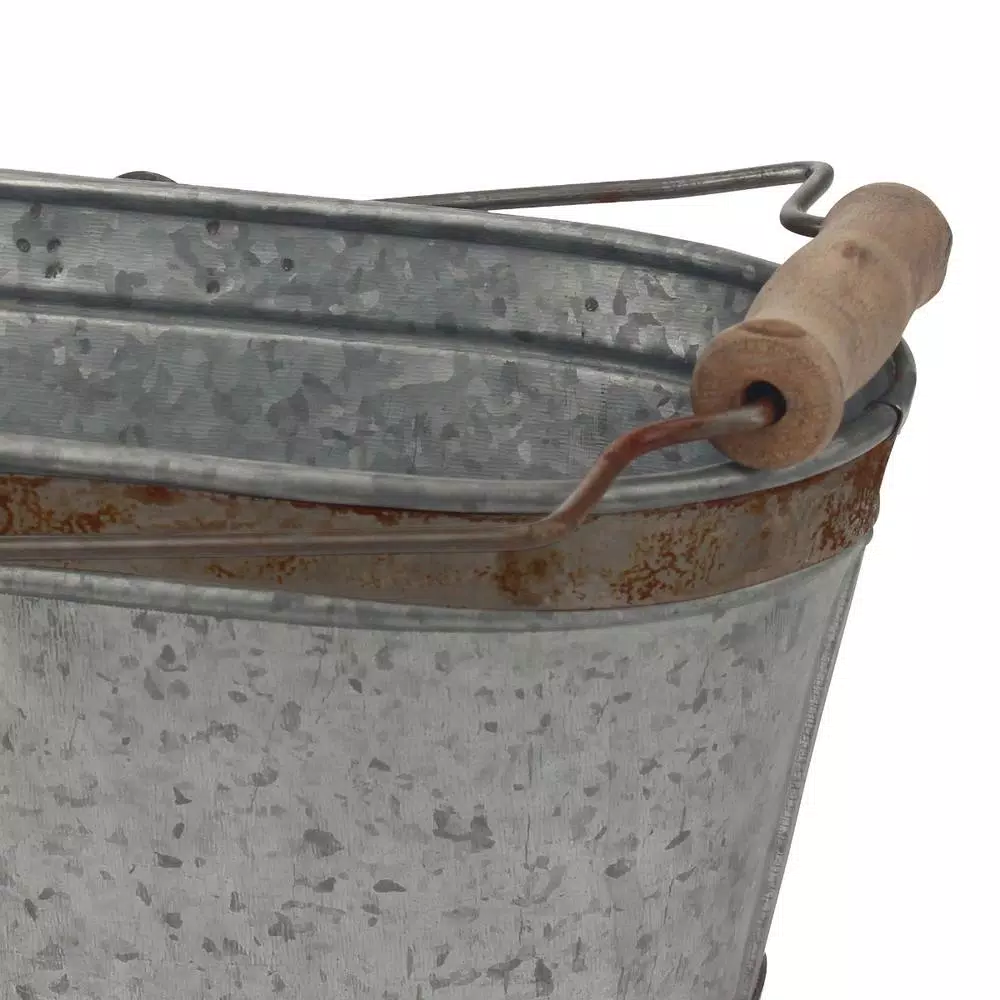 Stonebriar Collection 12 in. Galvanized Metal Decorative Bucket with Rust Trim and Wooden Detail Handle