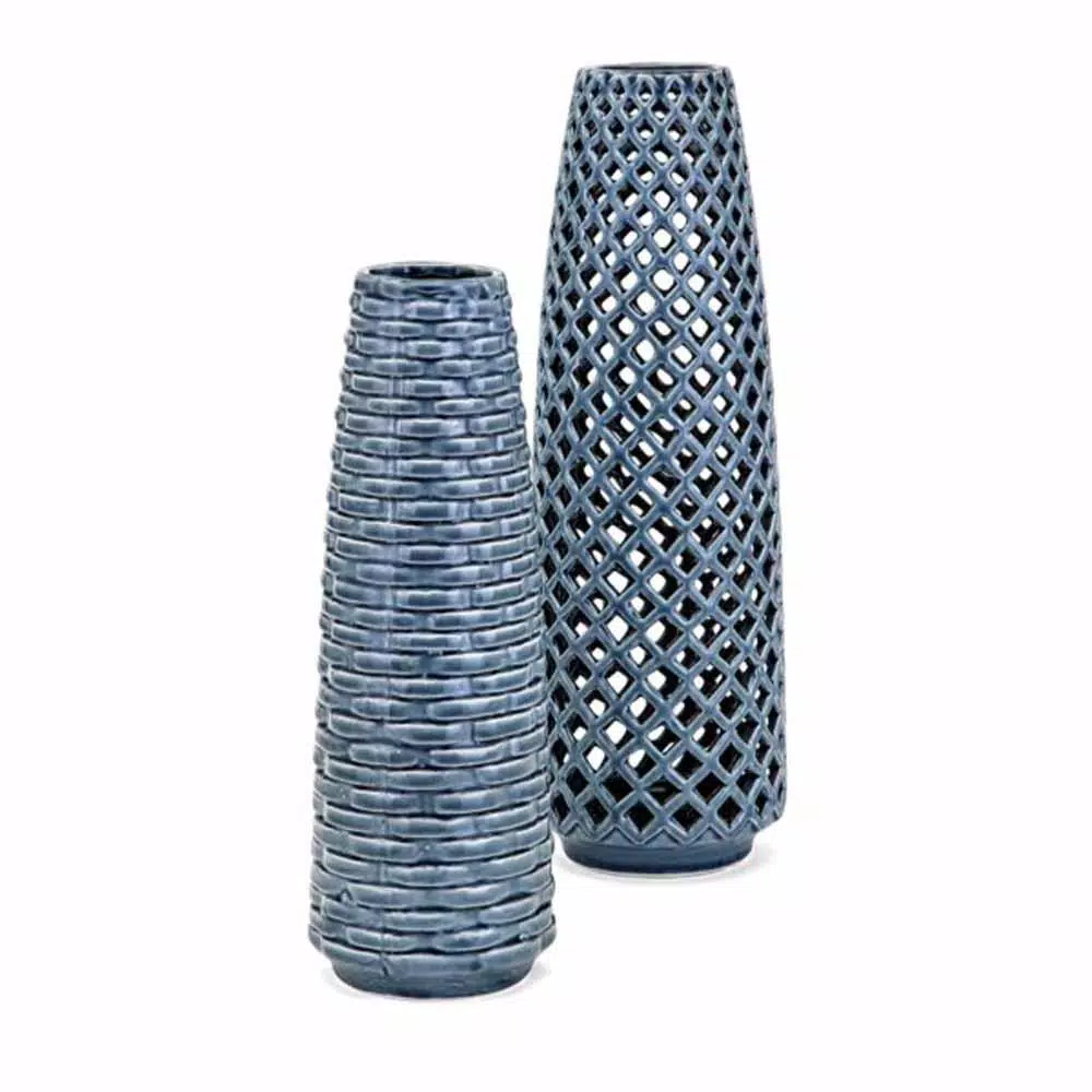 IMAX Nasrin Blue Indigo Ceramic Floor Vase - 17in Tapered Trellis Design