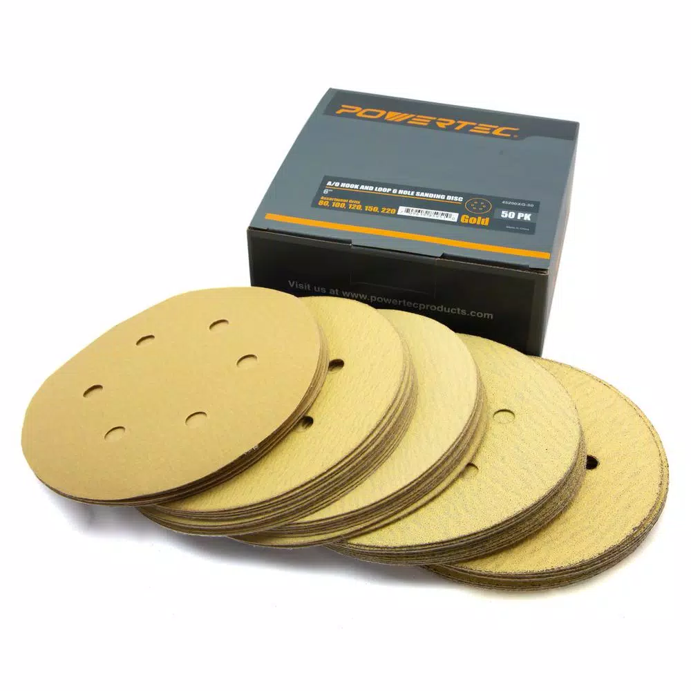 POWERTEC 6 in. Gold Aluminum Oxide Hook and Loop Sanding Disc Assortment, 6-Hole, 50-Pack